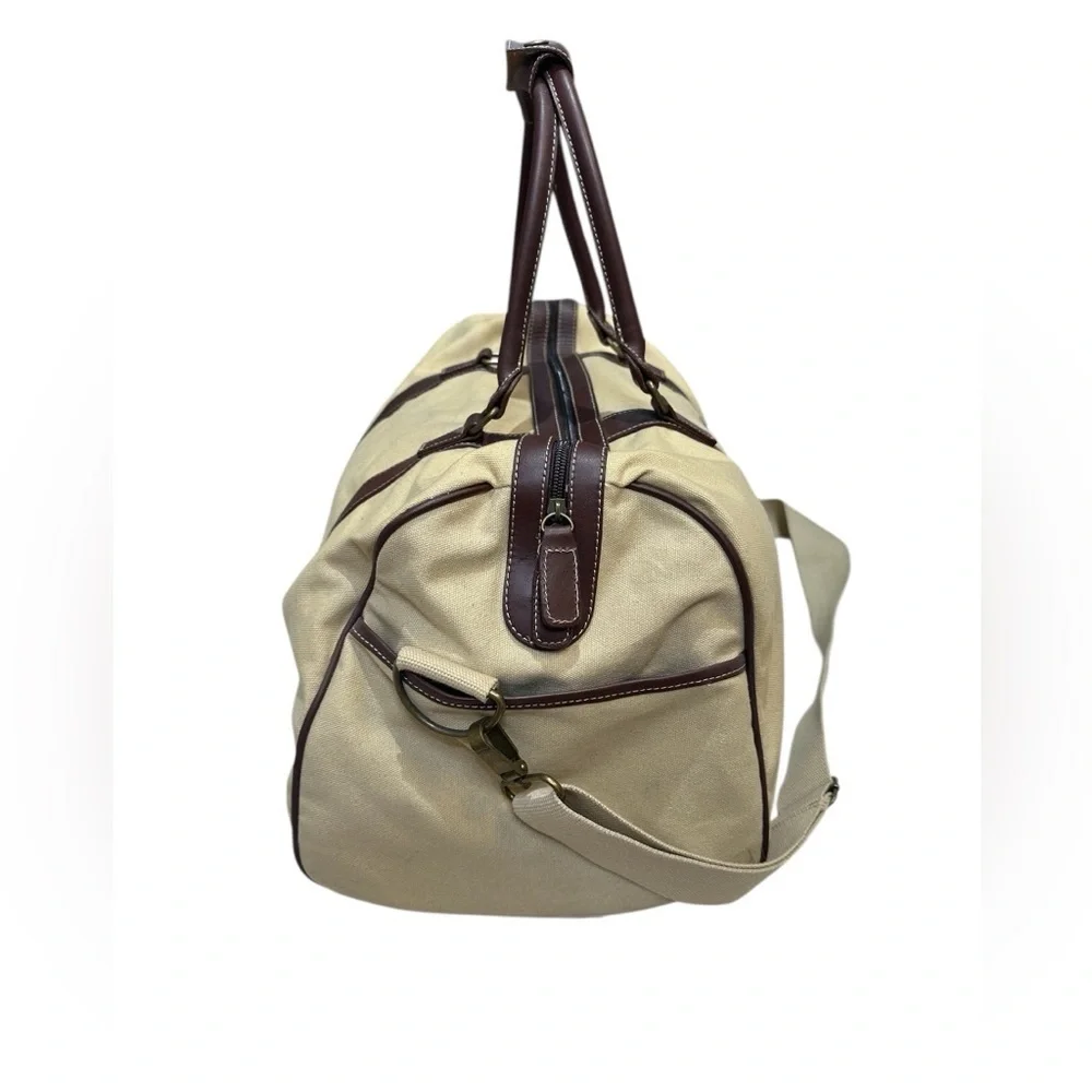 Vintage 1955 Disney Tan Canvas Duffel Bag with Leather Trim and shoulder strap